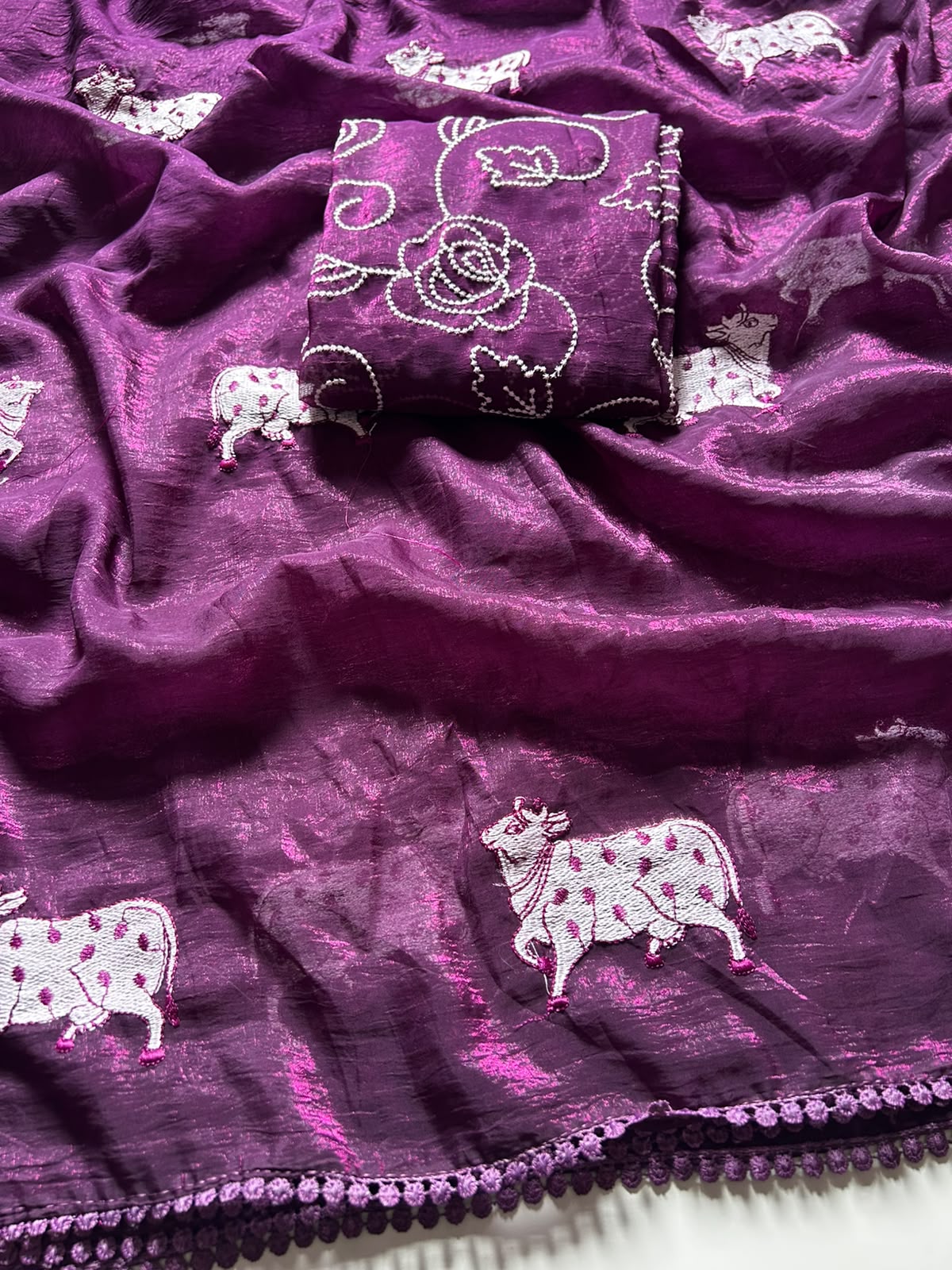 Heritage Party Wear Crush Silk Embroidery Work Fancy Saree With Matching Blouse Piece