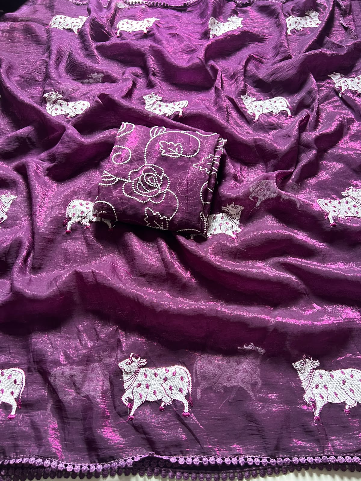 Heritage Party Wear Crush Silk Embroidery Work Fancy Saree With Matching Blouse Piece