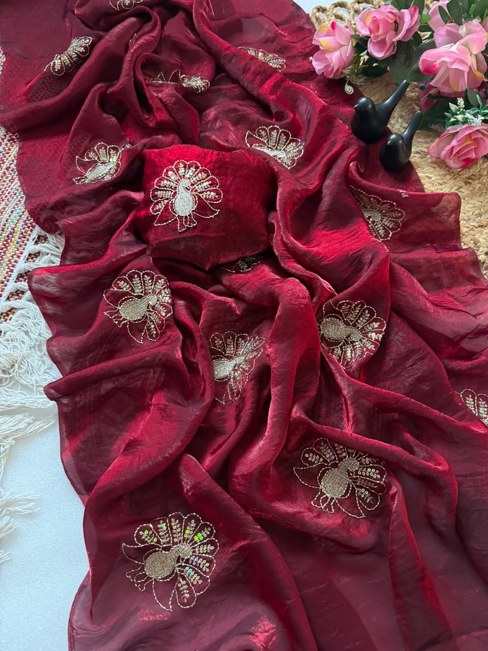 Attractive Party Wear Satin Silk Sequence n Thread Work Designer Saree For Women