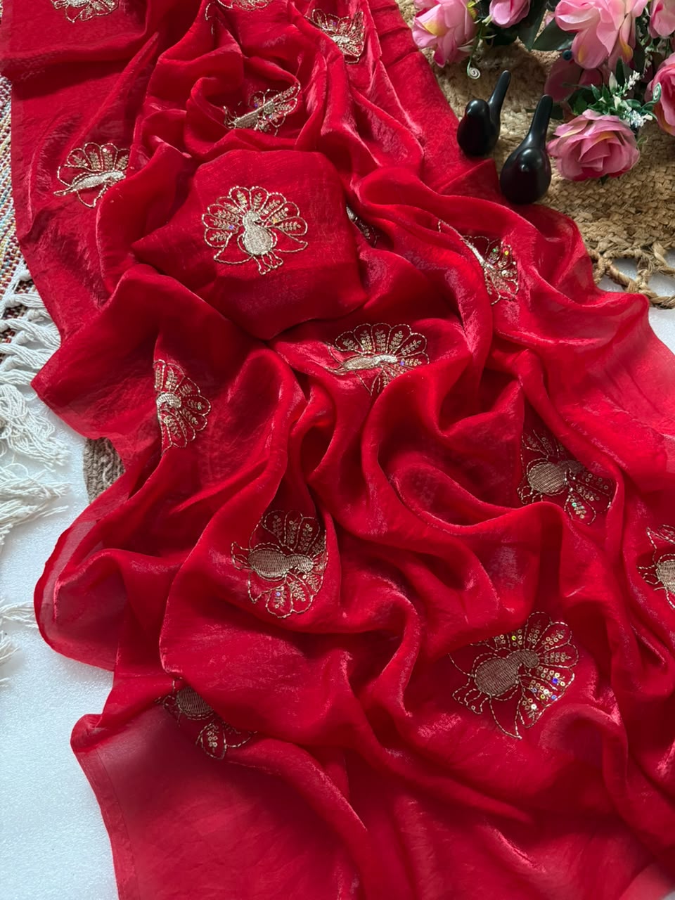 Attractive Party Wear Satin Silk Sequence n Thread Work Designer Saree For Women