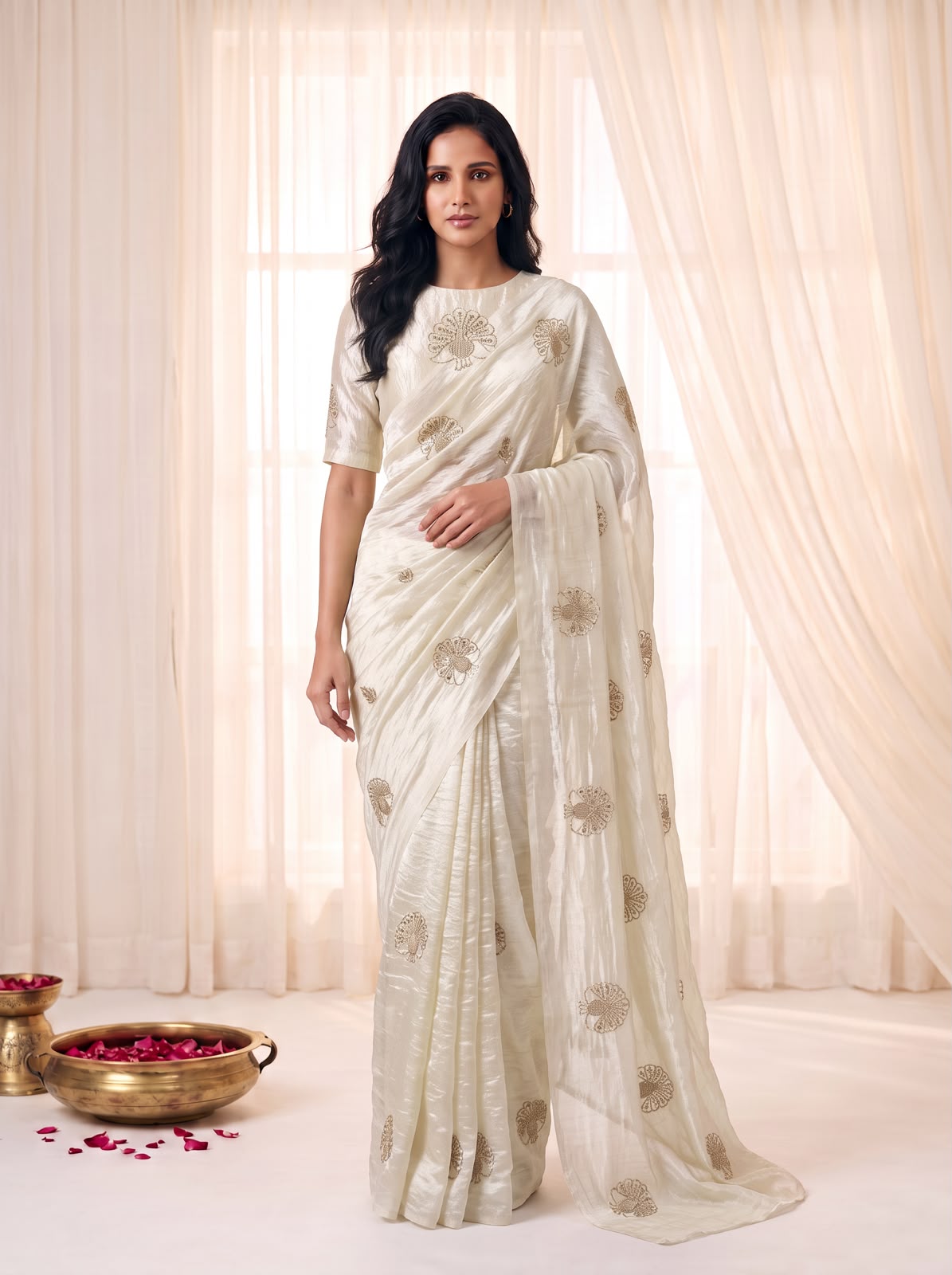 Attractive Party Wear Satin Silk Sequence n Thread Work Designer Saree For Women