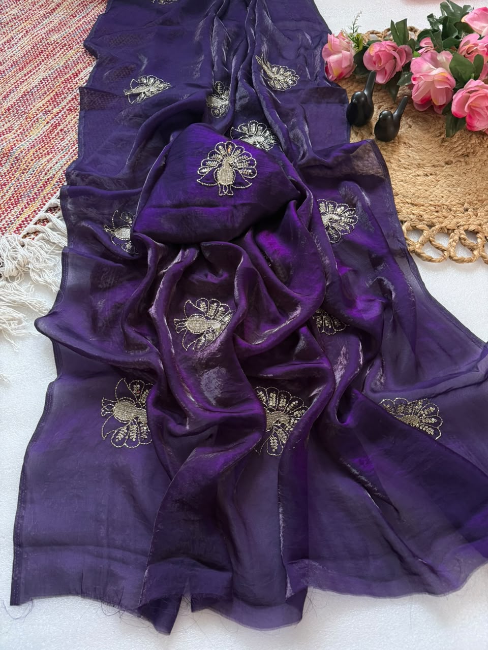 Attractive Party Wear Satin Silk Sequence n Thread Work Designer Saree For Women