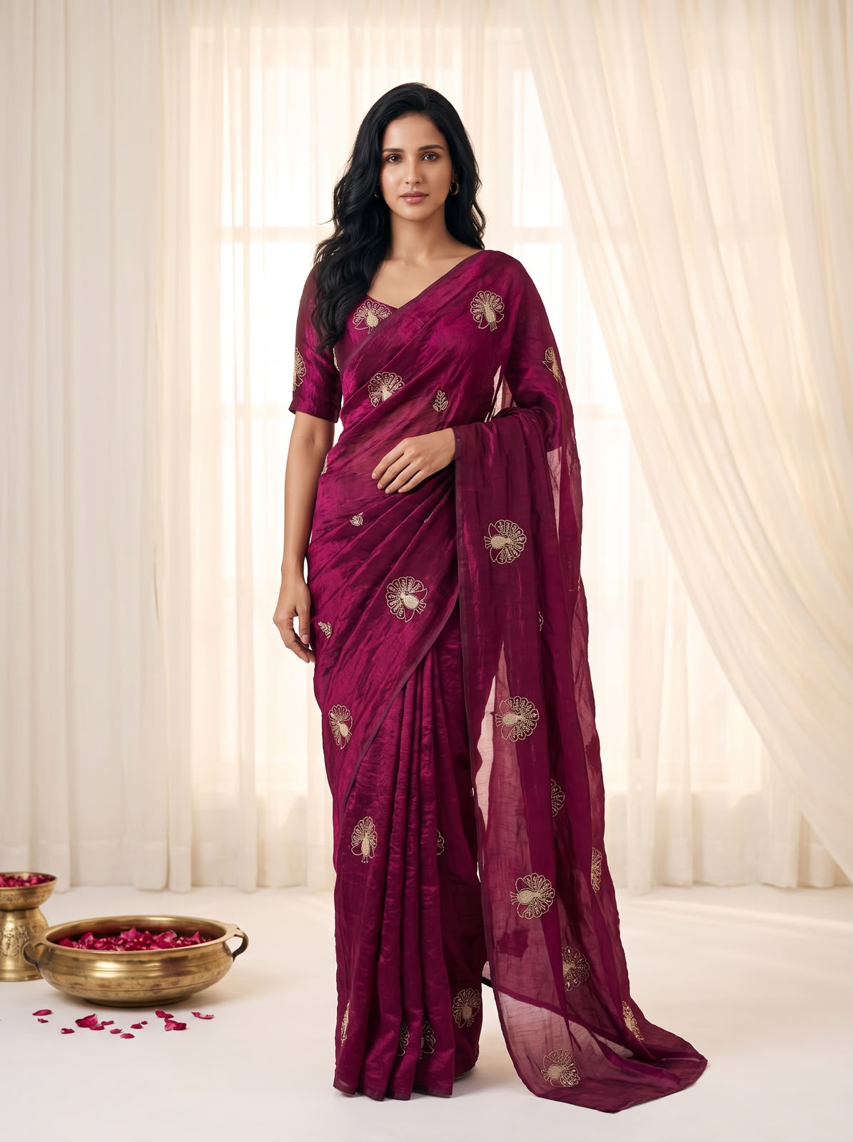 Attractive Party Wear Satin Silk Sequence n Thread Work Designer Saree For Women