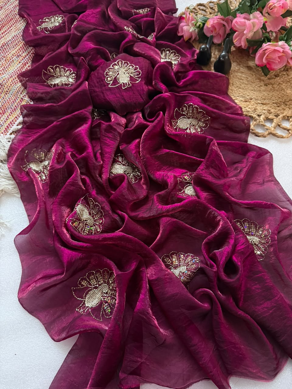 Attractive Party Wear Satin Silk Sequence n Thread Work Designer Saree For Women