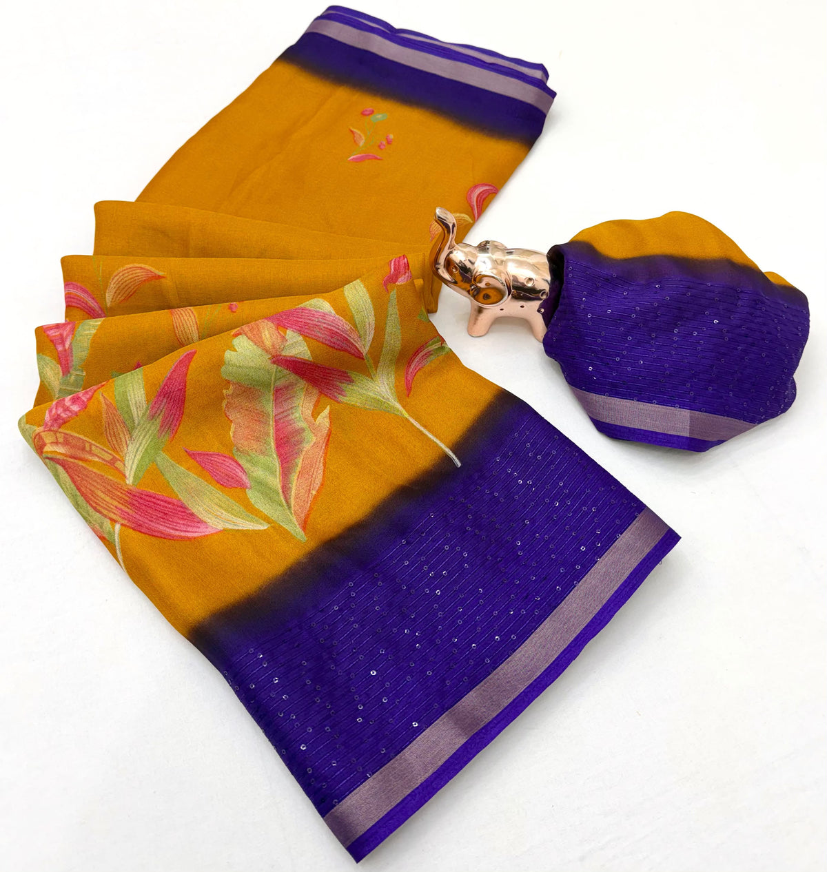 Marvellous Festive Wear Silk Print Design Sequence Work Fancy Saree With Contrast Blouse Piece