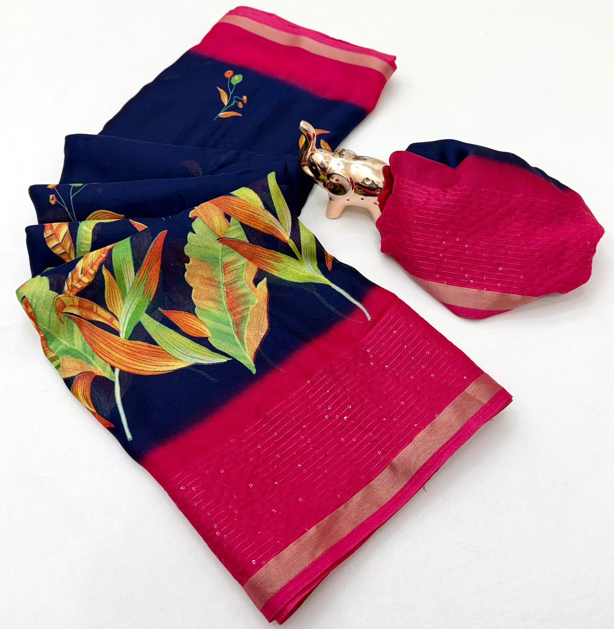 Marvellous Festive Wear Silk Print Design Sequence Work Fancy Saree With Contrast Blouse Piece