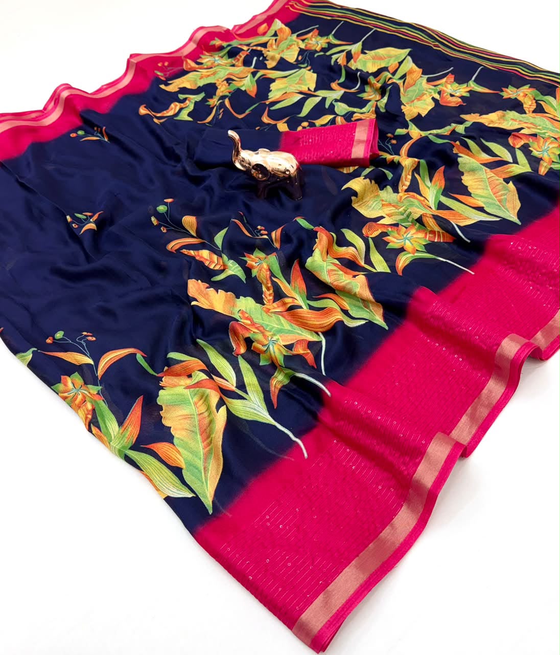 Marvellous Festive Wear Silk Print Design Sequence Work Fancy Saree With Contrast Blouse Piece