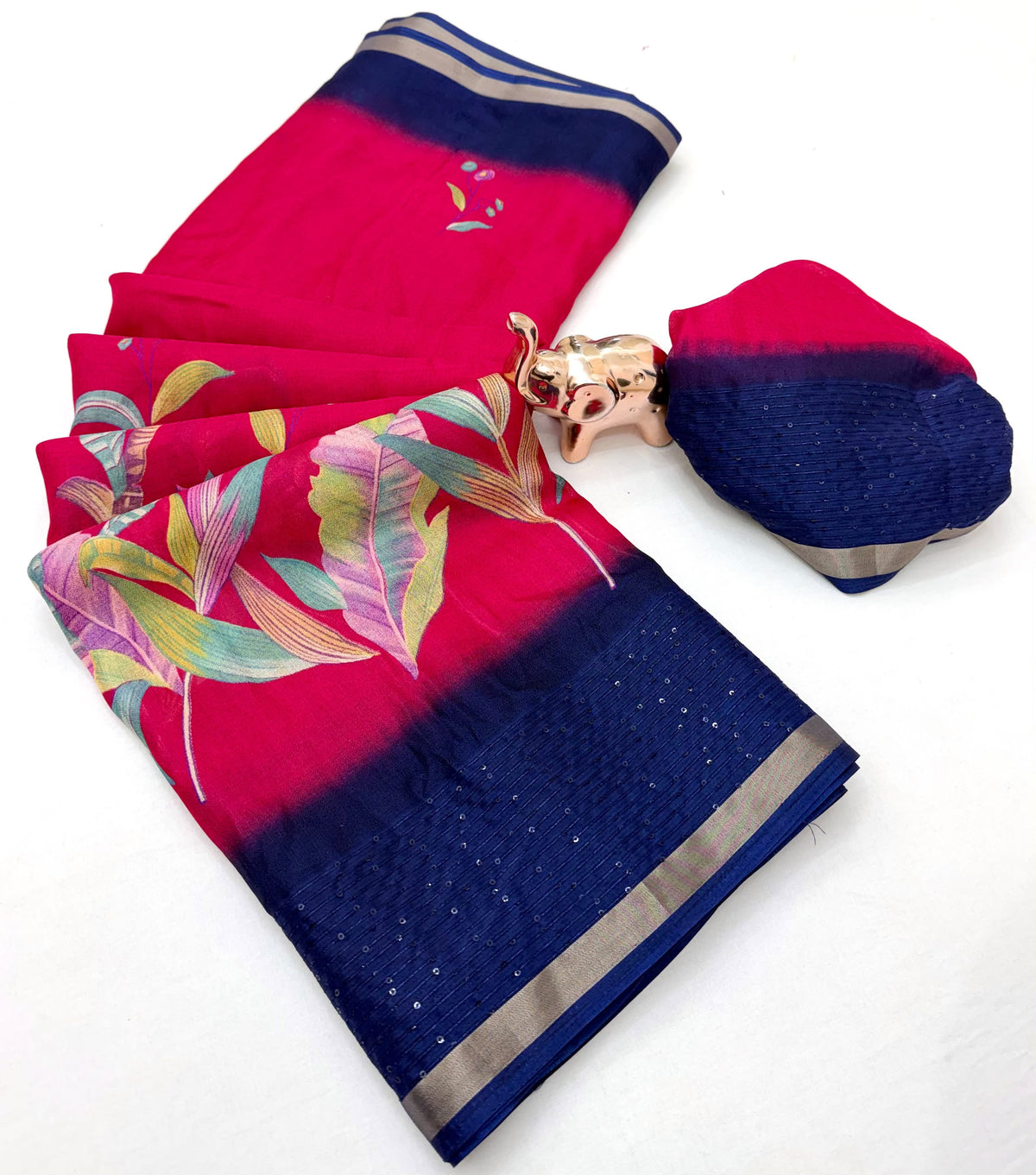 Marvellous Festive Wear Silk Print Design Sequence Work Fancy Saree With Contrast Blouse Piece