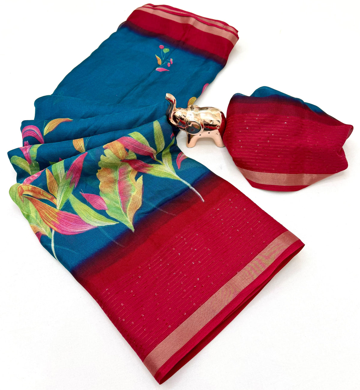 Marvellous Festive Wear Silk Print Design Sequence Work Fancy Saree With Contrast Blouse Piece