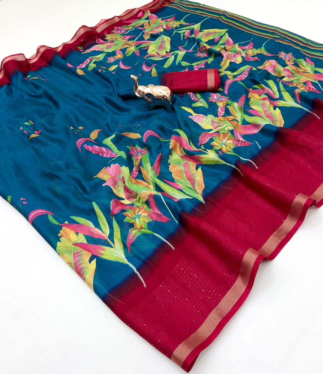 Marvellous Festive Wear Silk Print Design Sequence Work Fancy Saree With Contrast Blouse Piece