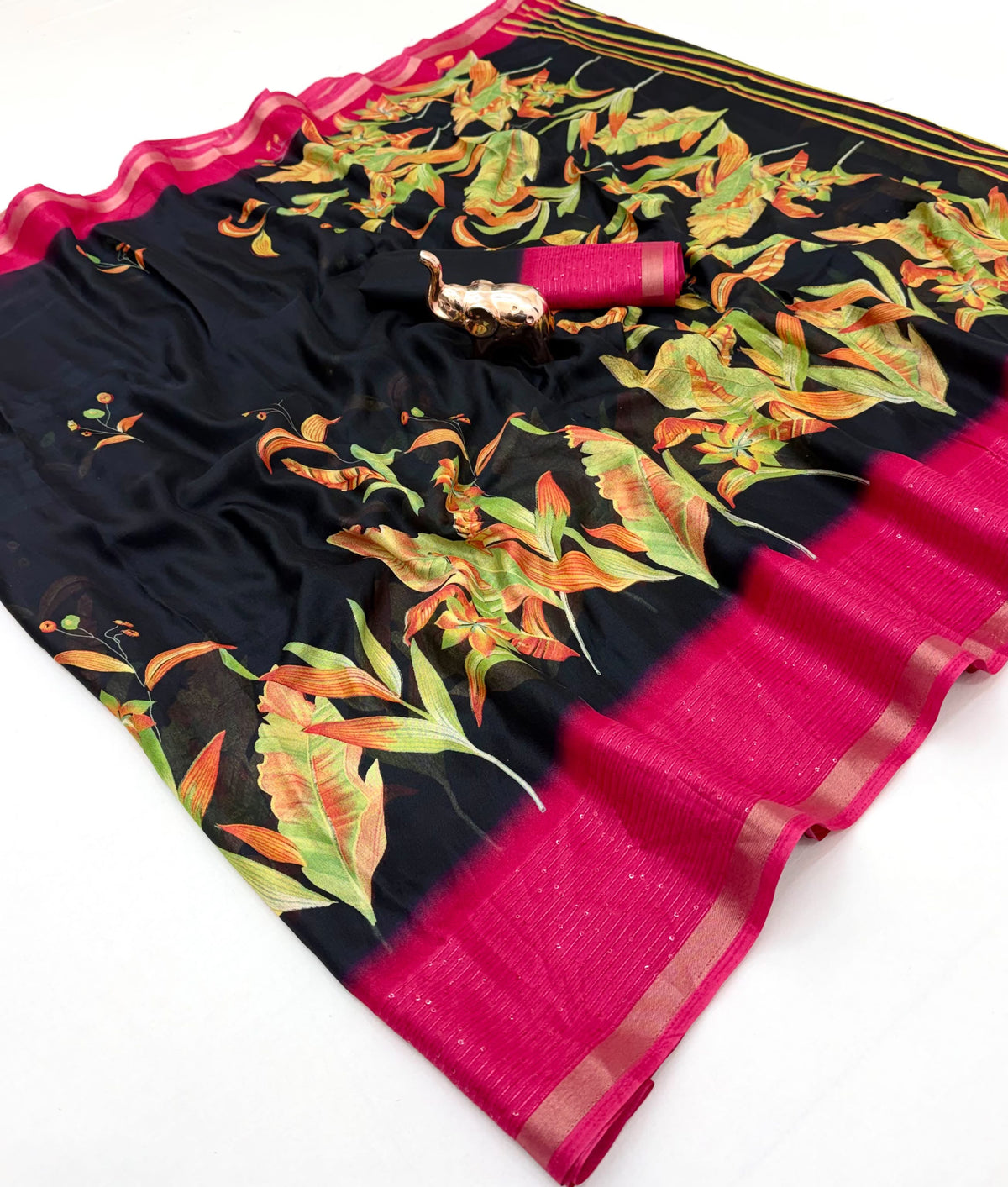Marvellous Festive Wear Silk Print Design Sequence Work Fancy Saree With Contrast Blouse Piece