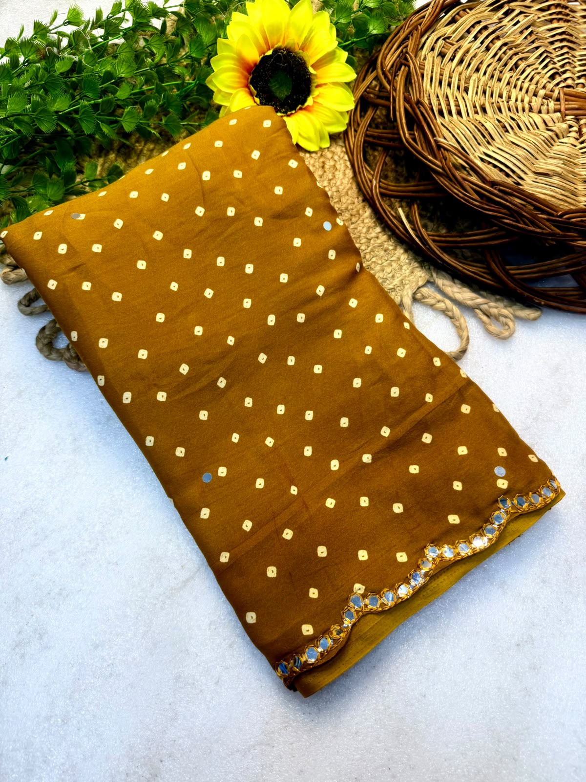 Dazzling Festive Wear Soft Silk Bandhej Print n Mirror Lace Border Fancy Saree With Blouse Piece