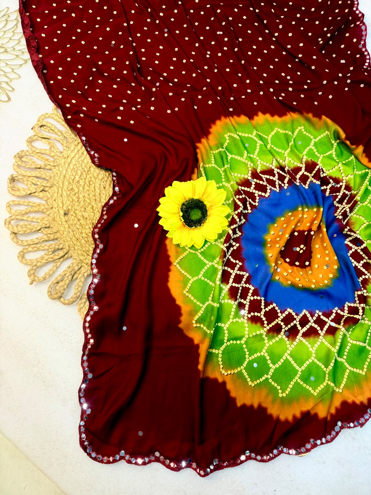 Dazzling Festive Wear Soft Silk Bandhej Print n Mirror Lace Border Fancy Saree With Blouse Piece