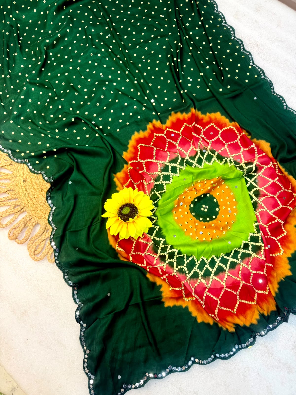 Dazzling Festive Wear Soft Silk Bandhej Print n Mirror Lace Border Fancy Saree With Blouse Piece