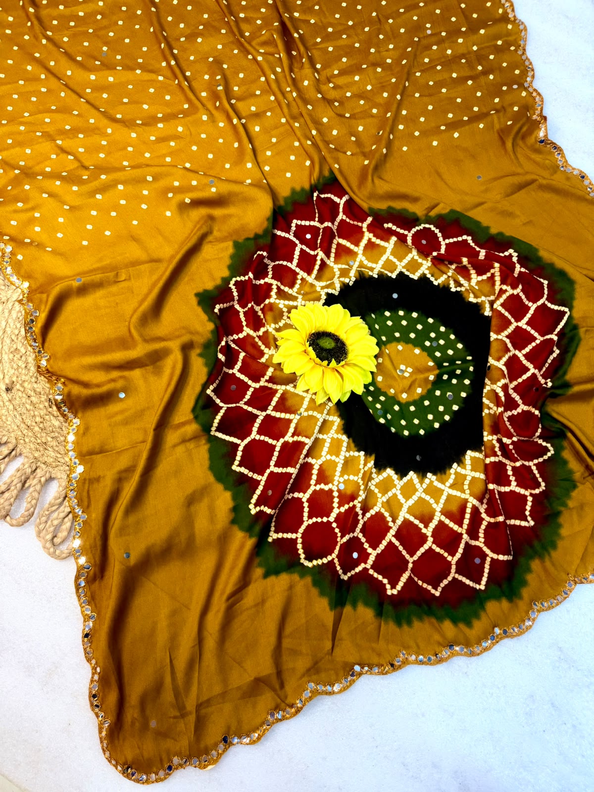 Dazzling Festive Wear Soft Silk Bandhej Print n Mirror Lace Border Fancy Saree With Blouse Piece