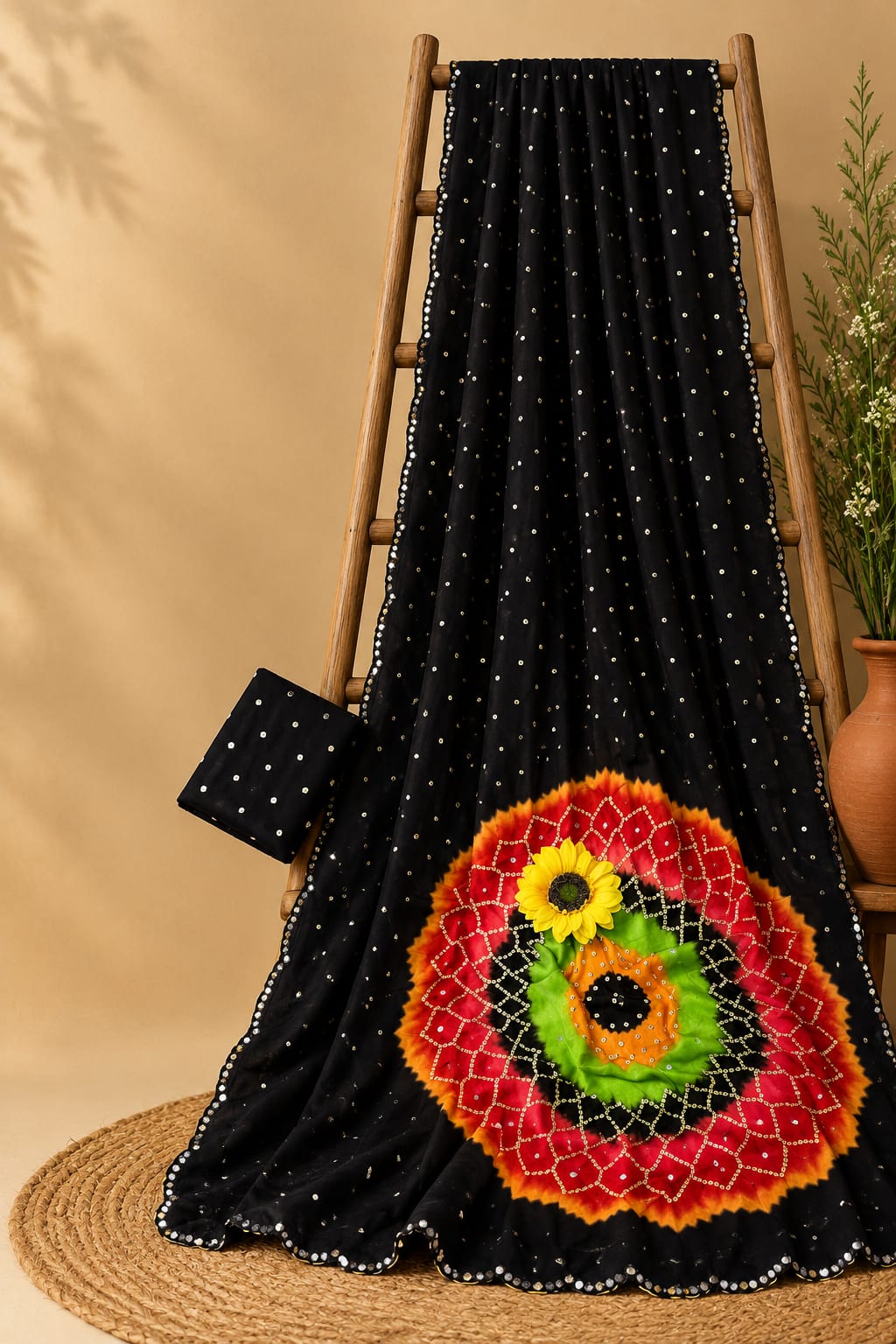 Dazzling Festive Wear Soft Silk Bandhej Print n Mirror Lace Border Fancy Saree With Blouse Piece