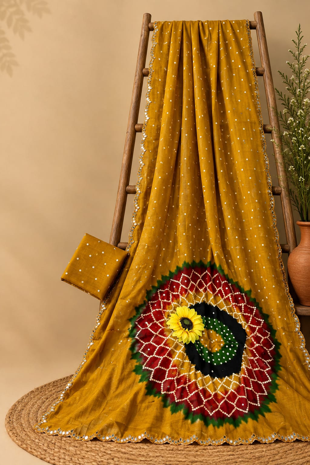 Dazzling Festive Wear Soft Silk Bandhej Print n Mirror Lace Border Fancy Saree With Blouse Piece