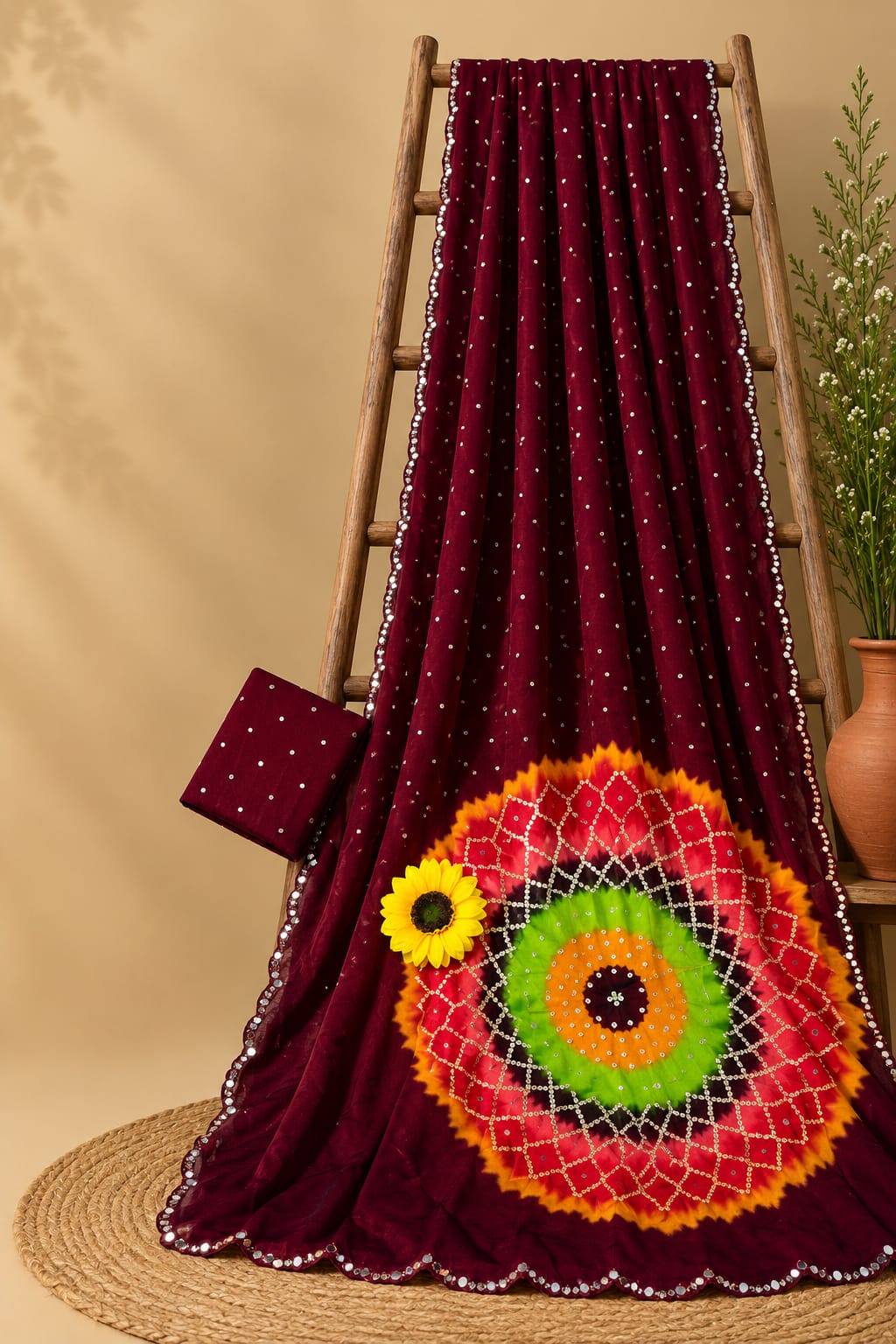 Dazzling Festive Wear Soft Silk Bandhej Print n Mirror Lace Border Fancy Saree With Blouse Piece