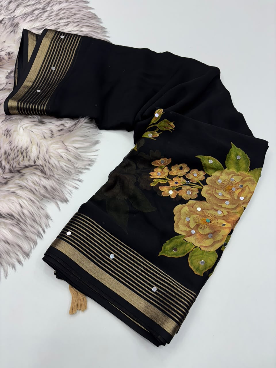 Adorable Party Wear Soft Georgette Print Design Zari Border n Mirror Work Designer Saree With Blouse Piece