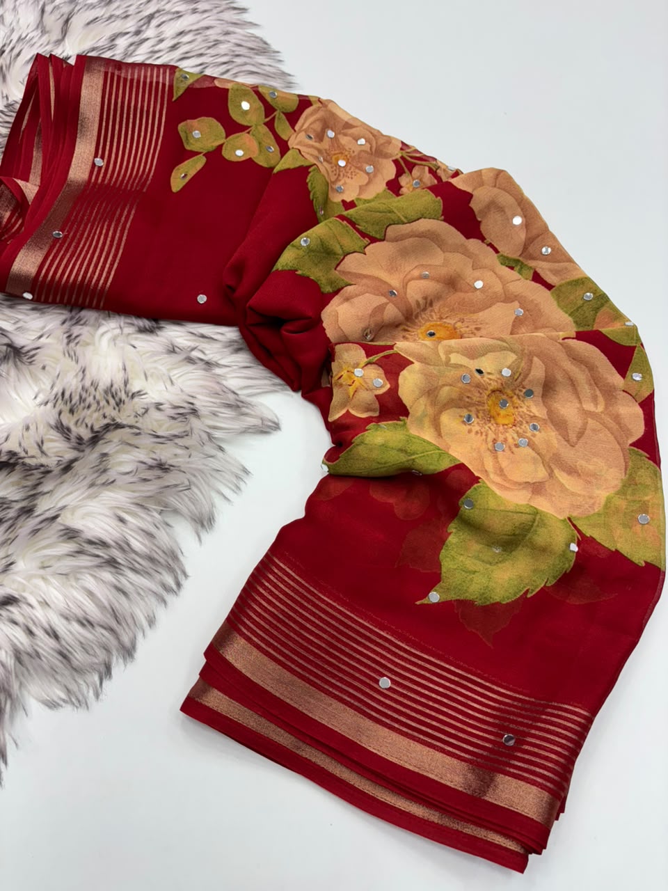 Adorable Party Wear Soft Georgette Print Design Zari Border n Mirror Work Designer Saree With Blouse Piece