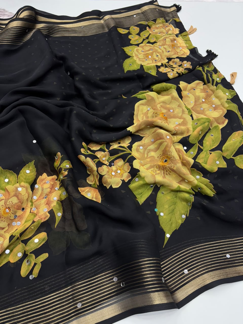 Adorable Party Wear Soft Georgette Print Design Zari Border n Mirror Work Designer Saree With Blouse Piece