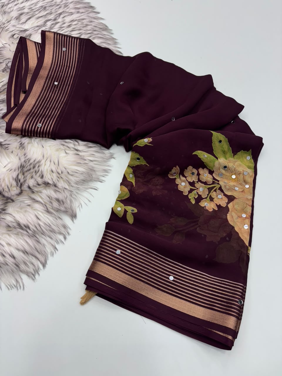 Adorable Party Wear Soft Georgette Print Design Zari Border n Mirror Work Designer Saree With Blouse Piece