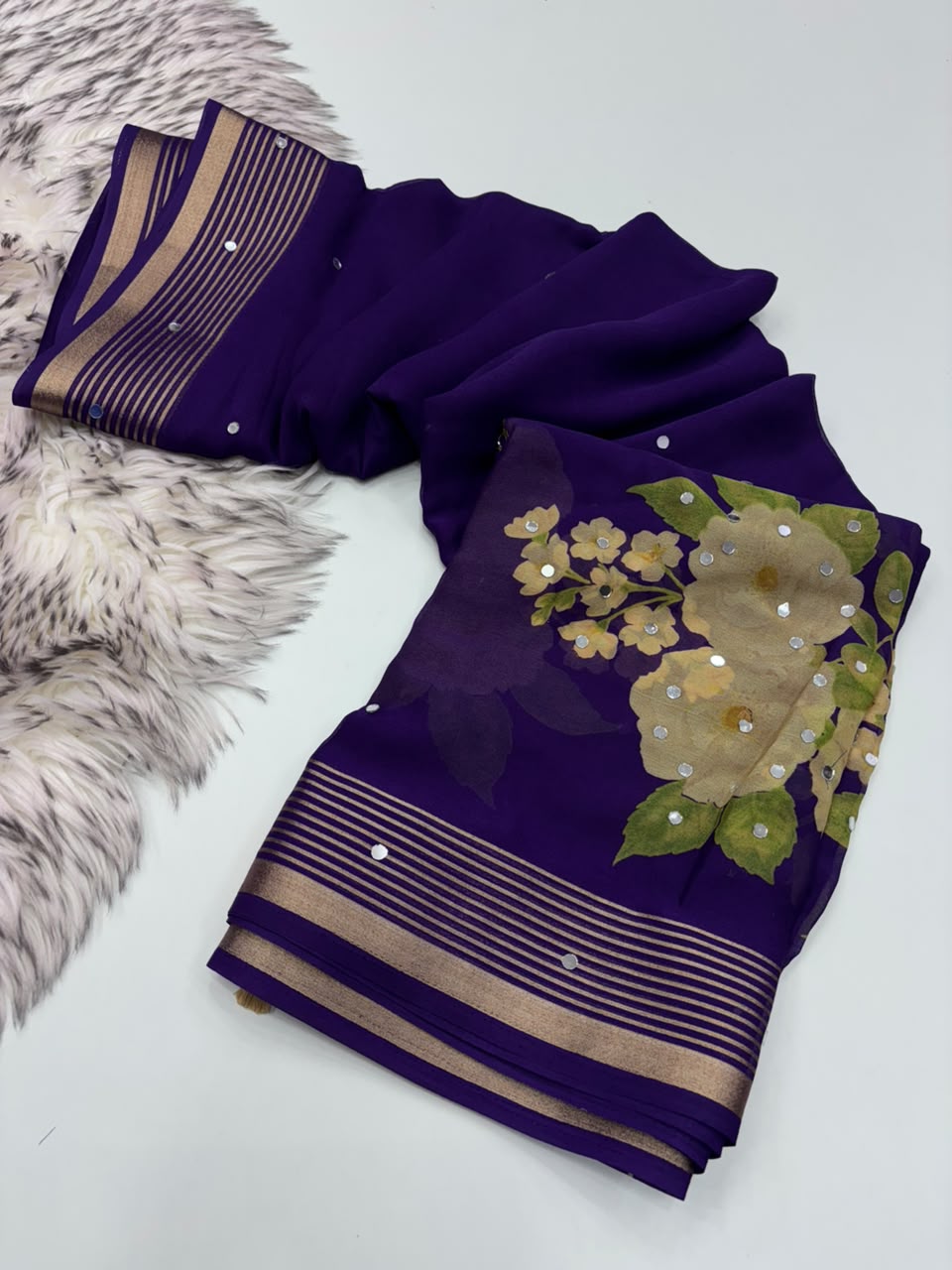 Adorable Party Wear Soft Georgette Print Design Zari Border n Mirror Work Designer Saree With Blouse Piece