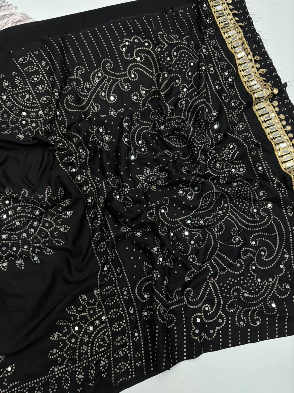Blossom Party Wear Satin Silk Ajrak Printed Rich Pallu n Mirror Work Designer Saree With Blouse Piece