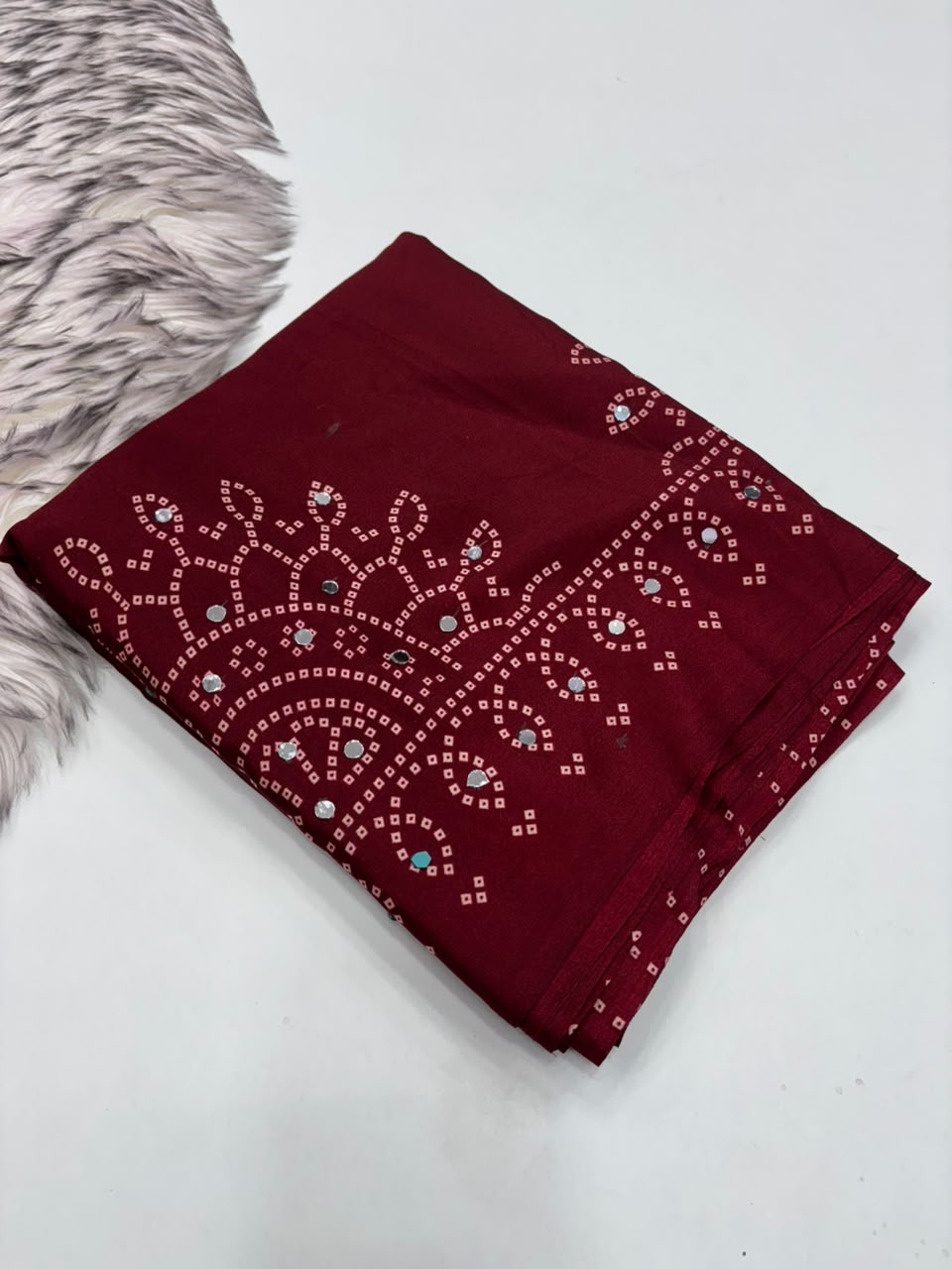 Blossom Party Wear Satin Silk Ajrak Printed Rich Pallu n Mirror Work Designer Saree With Blouse Piece