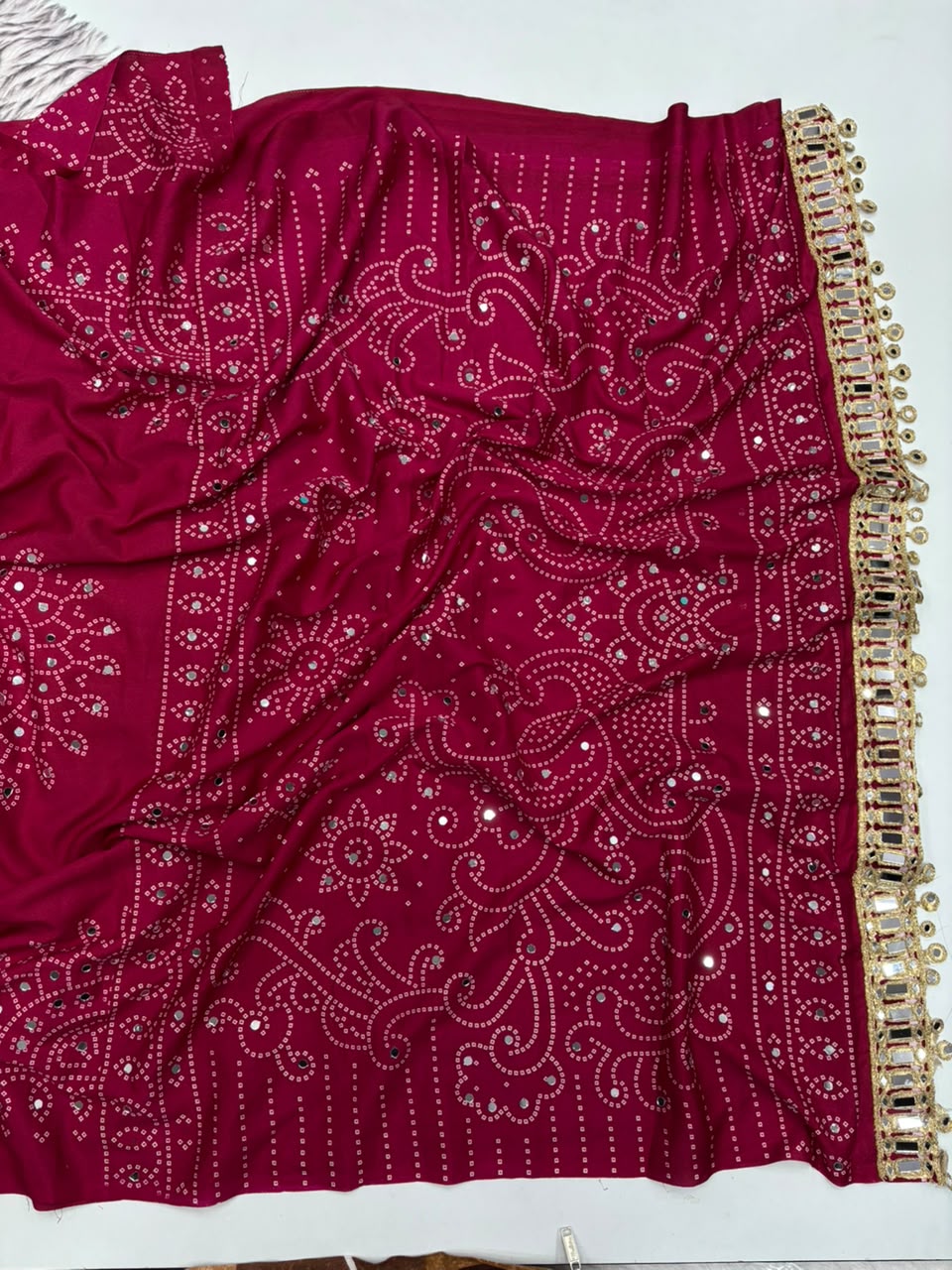 Blossom Party Wear Satin Silk Ajrak Printed Rich Pallu n Mirror Work Designer Saree With Blouse Piece