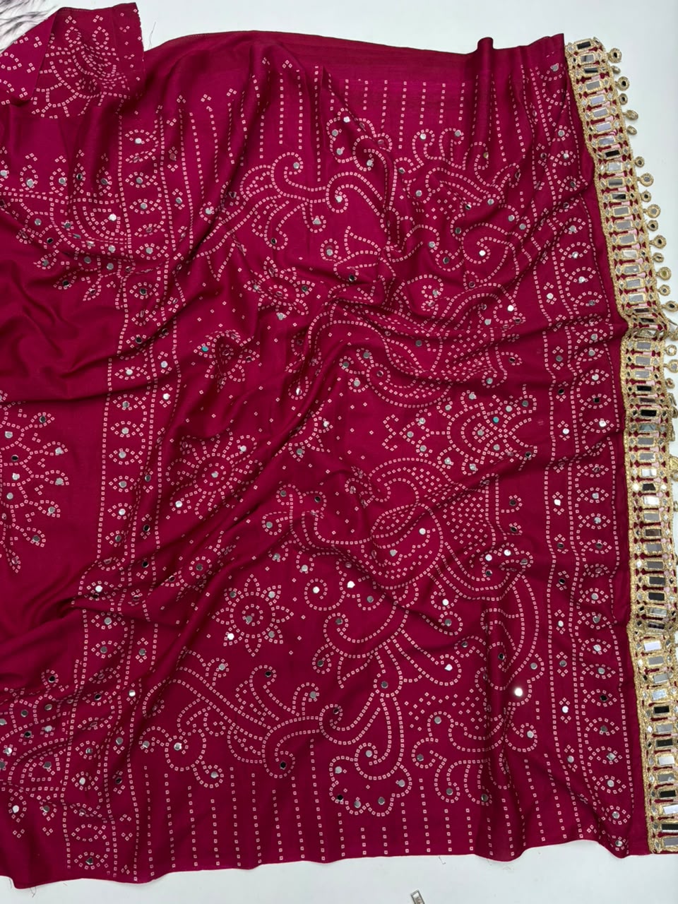 Blossom Party Wear Satin Silk Ajrak Printed Rich Pallu n Mirror Work Designer Saree With Blouse Piece