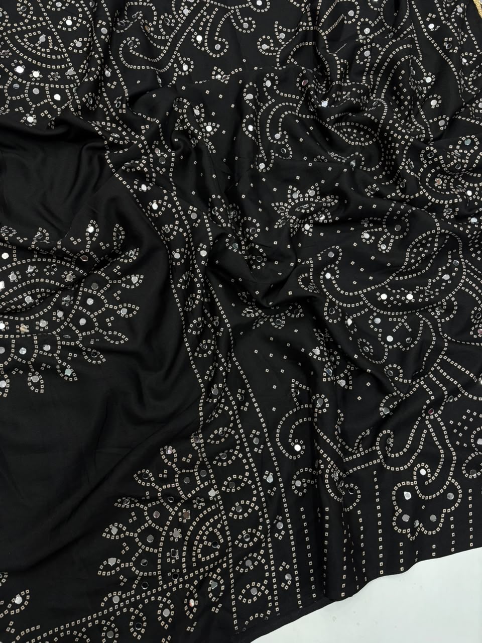 Blossom Party Wear Satin Silk Ajrak Printed Rich Pallu n Mirror Work Designer Saree With Blouse Piece