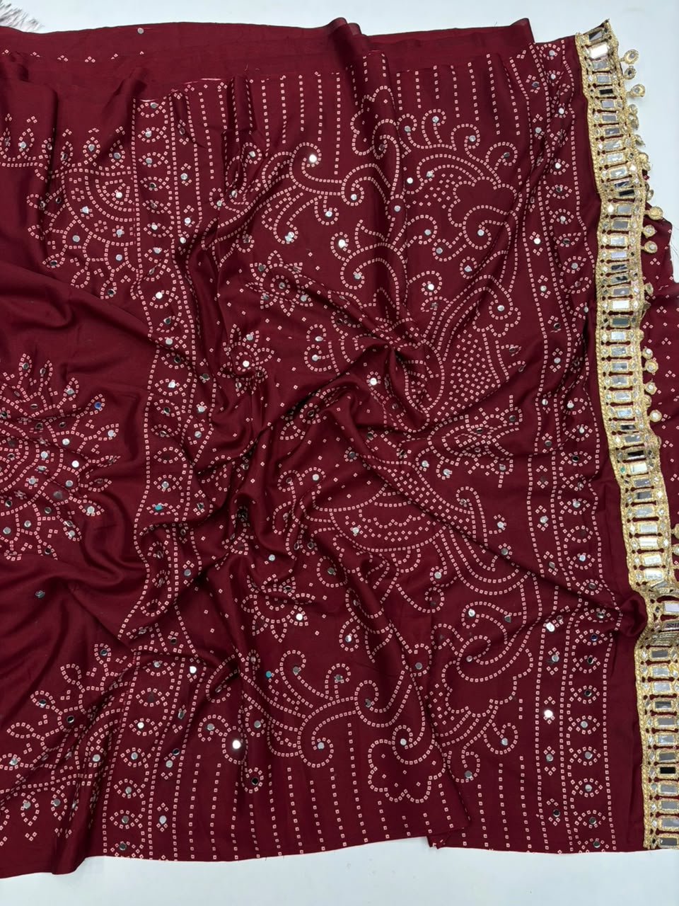 Blossom Party Wear Satin Silk Ajrak Printed Rich Pallu n Mirror Work Designer Saree With Blouse Piece