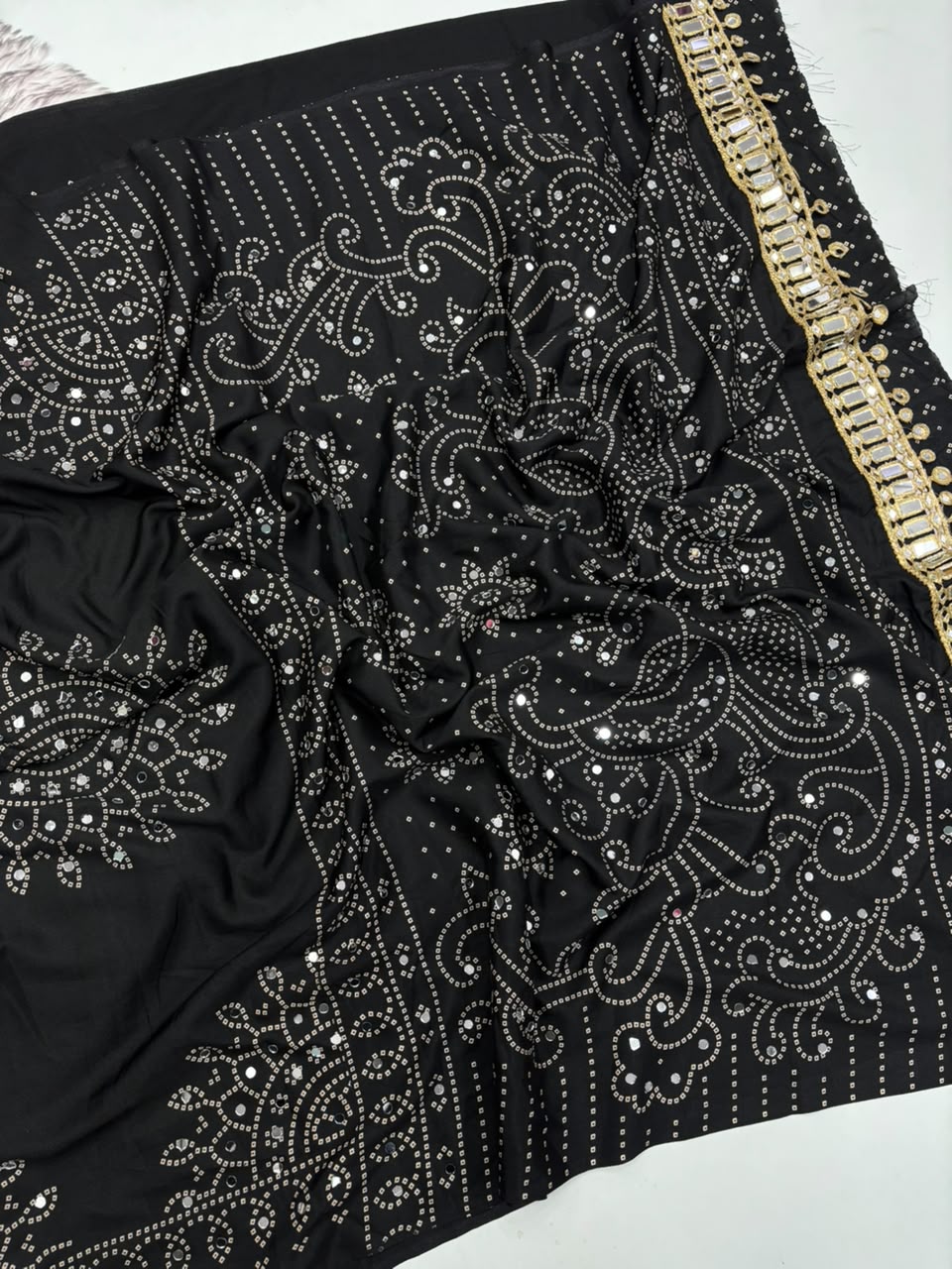 Blossom Party Wear Satin Silk Ajrak Printed Rich Pallu n Mirror Work Designer Saree With Blouse Piece