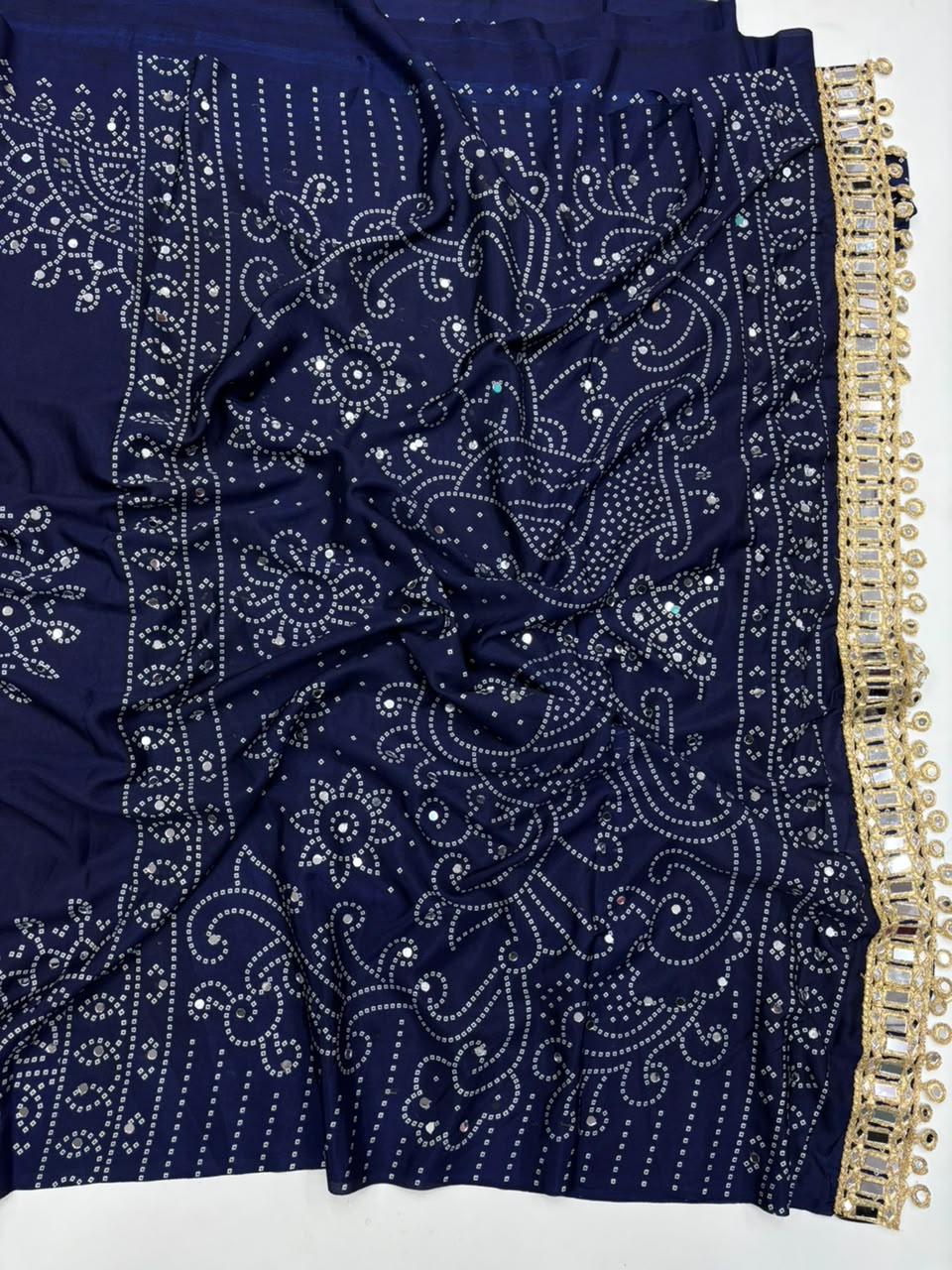 Blossom Party Wear Satin Silk Ajrak Printed Rich Pallu n Mirror Work Designer Saree With Blouse Piece