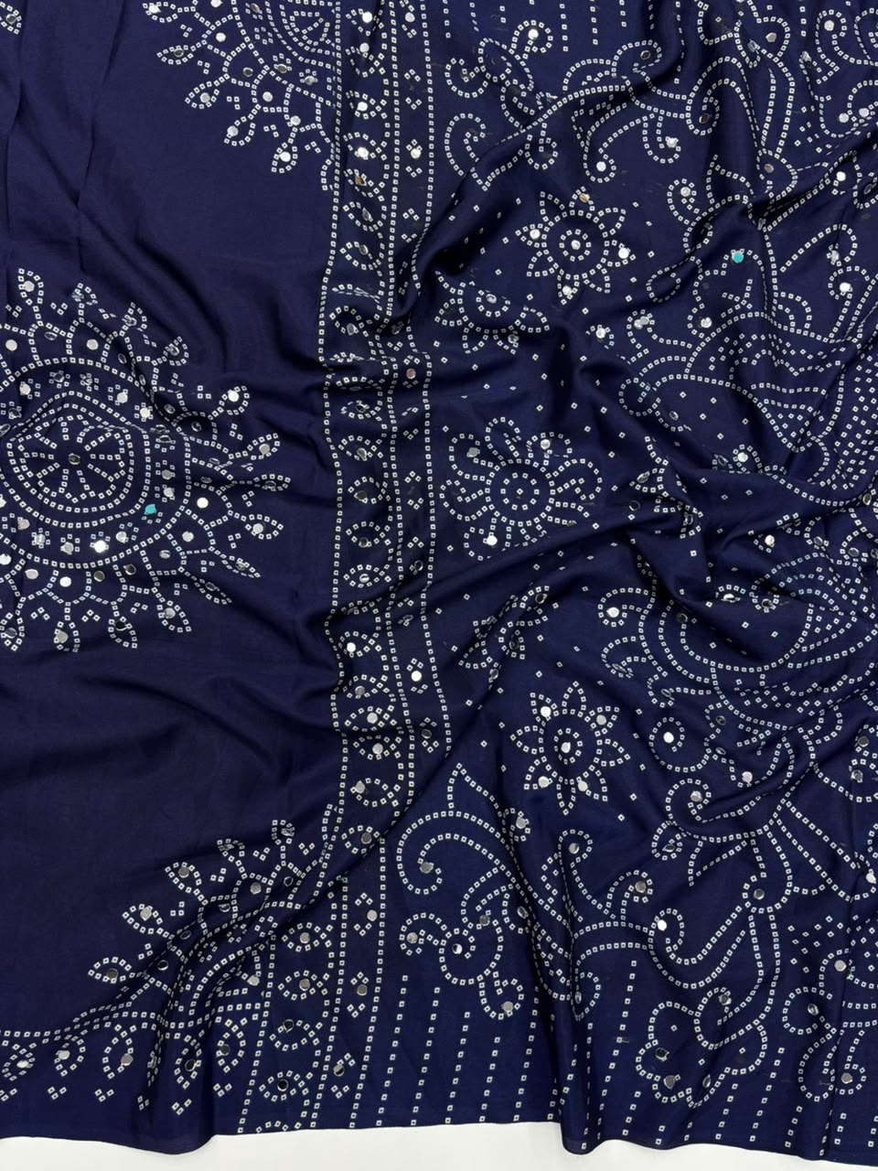 Blossom Party Wear Satin Silk Ajrak Printed Rich Pallu n Mirror Work Designer Saree With Blouse Piece