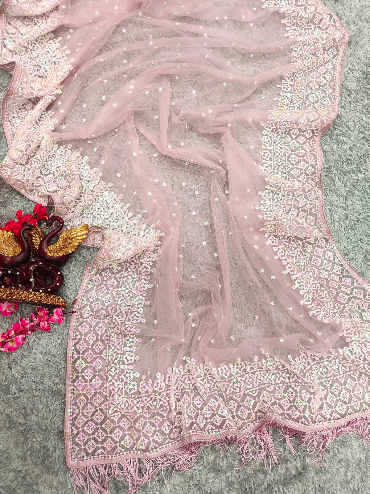 Evocative Party Wear Soft Net Embroidery Sequence n Tussles Work Fancy Saree With Blouse Piece
