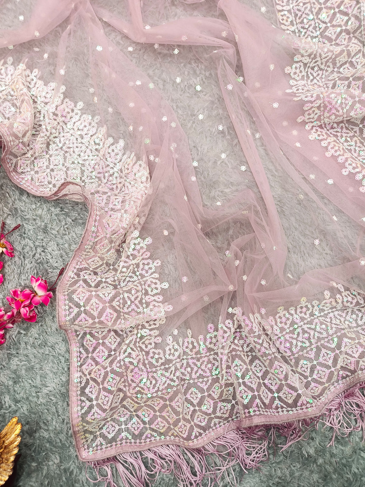 Evocative Party Wear Soft Net Embroidery Sequence n Tussles Work Fancy Saree With Blouse Piece