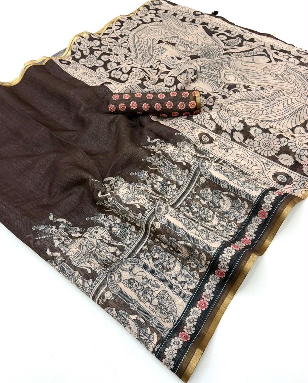 Dazzling Wedding Wear Soft Cotton Kalamkari Print n Zari Border Fancy Saree With Blouse Piece