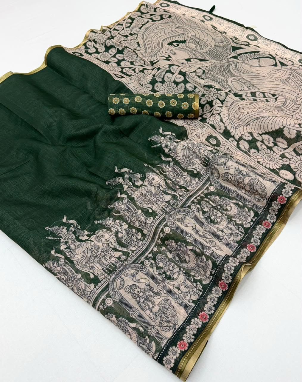 Dazzling Wedding Wear Soft Cotton Kalamkari Print n Zari Border Fancy Saree With Blouse Piece
