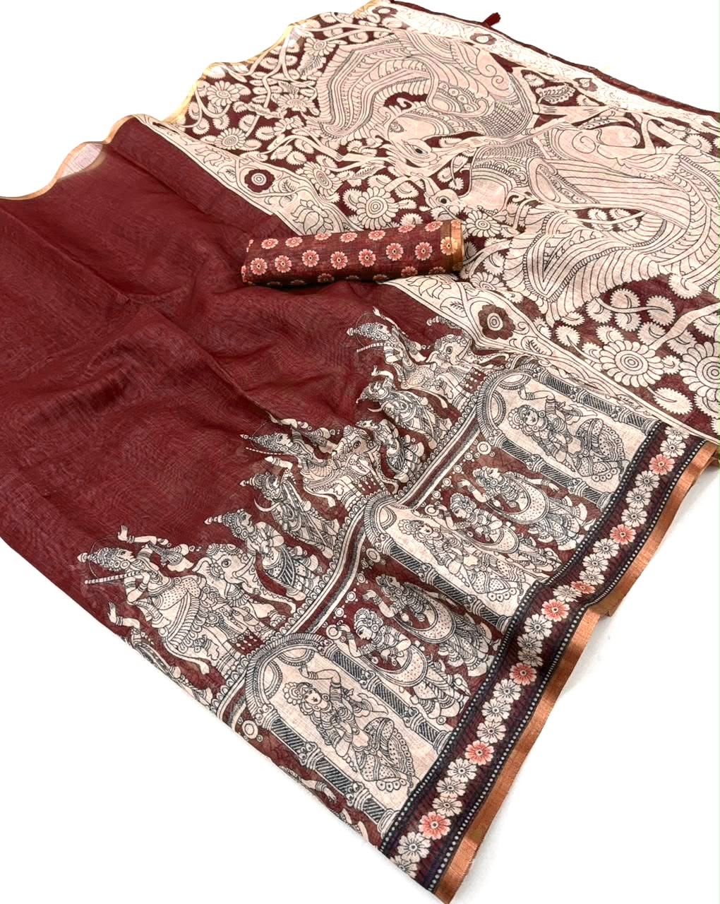 Dazzling Wedding Wear Soft Cotton Kalamkari Print n Zari Border Fancy Saree With Blouse Piece