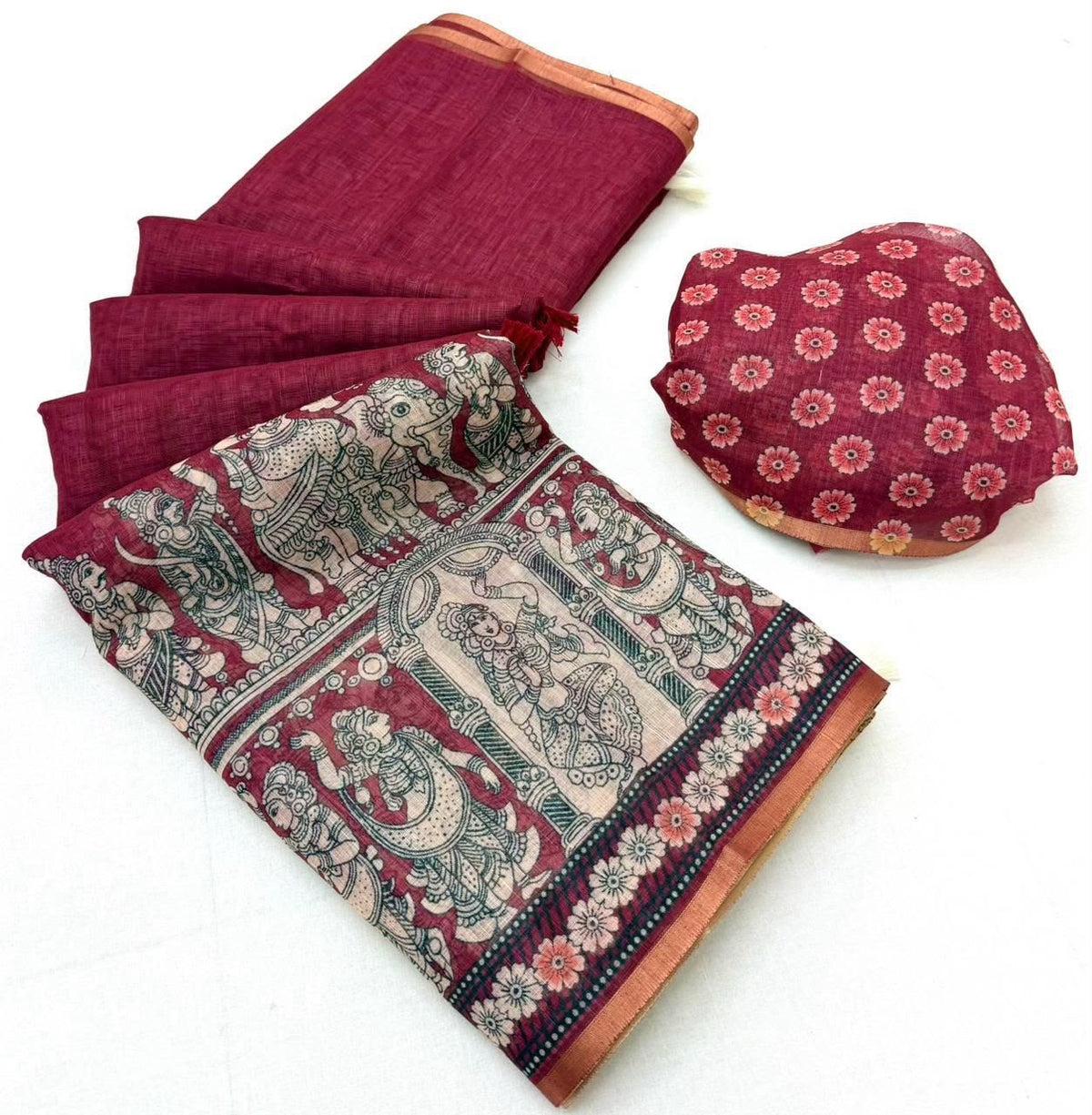 Dazzling Wedding Wear Soft Cotton Kalamkari Print n Zari Border Fancy Saree With Blouse Piece