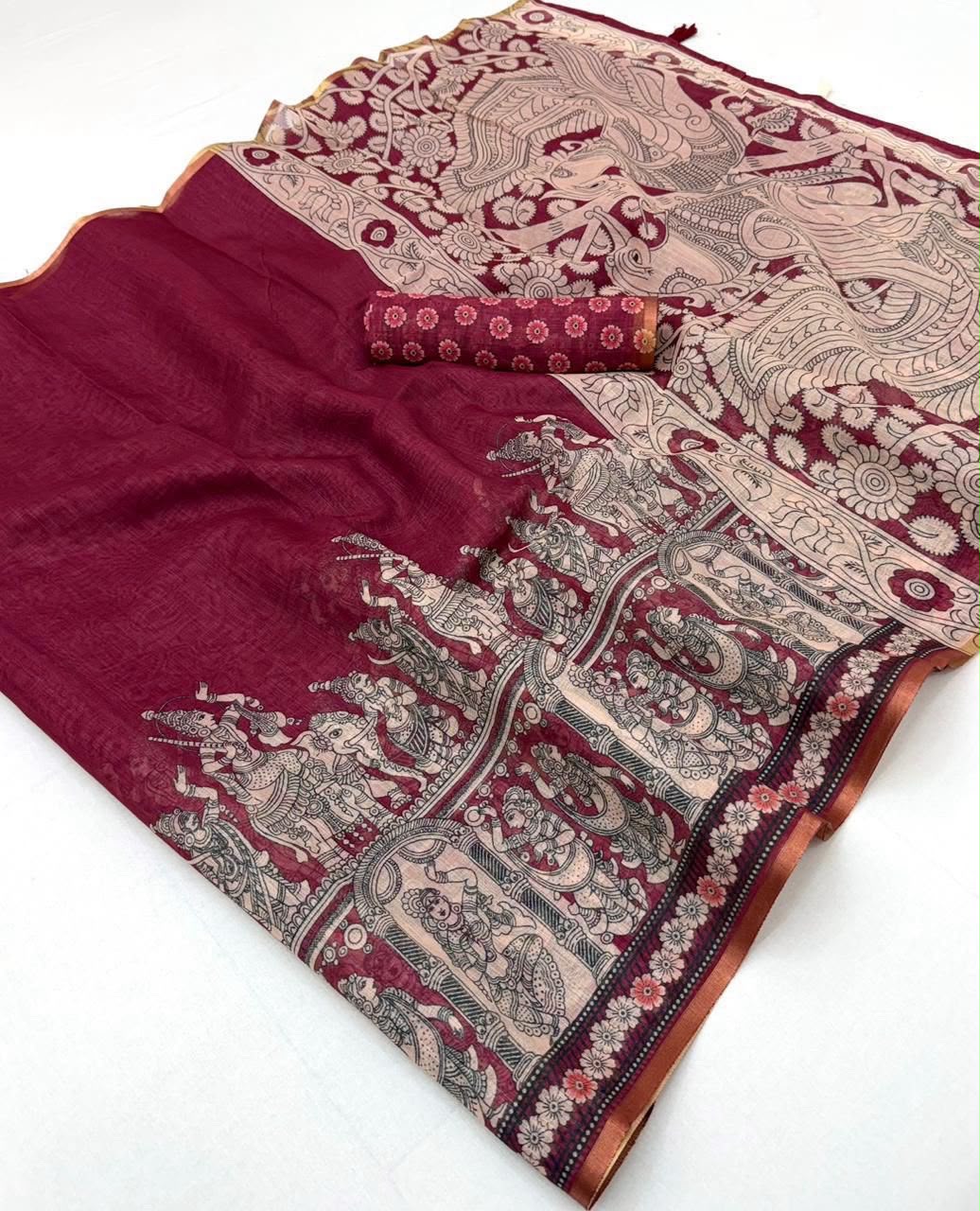 Dazzling Wedding Wear Soft Cotton Kalamkari Print n Zari Border Fancy Saree With Blouse Piece