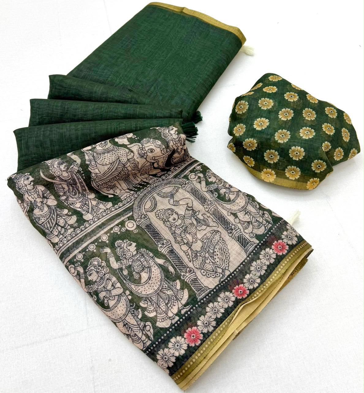 Dazzling Wedding Wear Soft Cotton Kalamkari Print n Zari Border Fancy Saree With Blouse Piece