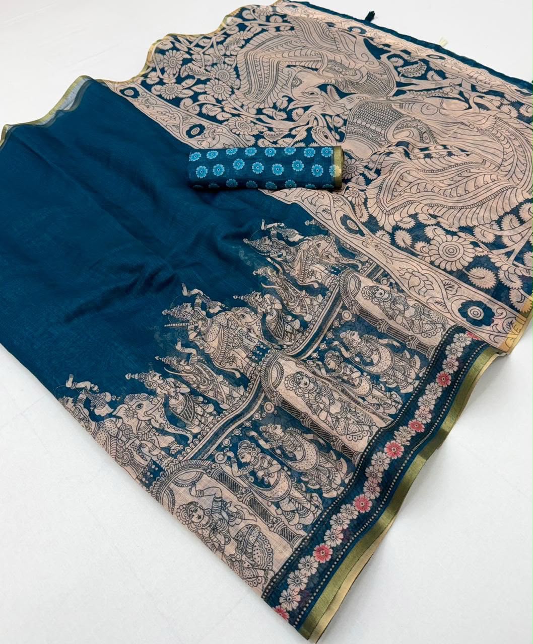 Dazzling Wedding Wear Soft Cotton Kalamkari Print n Zari Border Fancy Saree With Blouse Piece