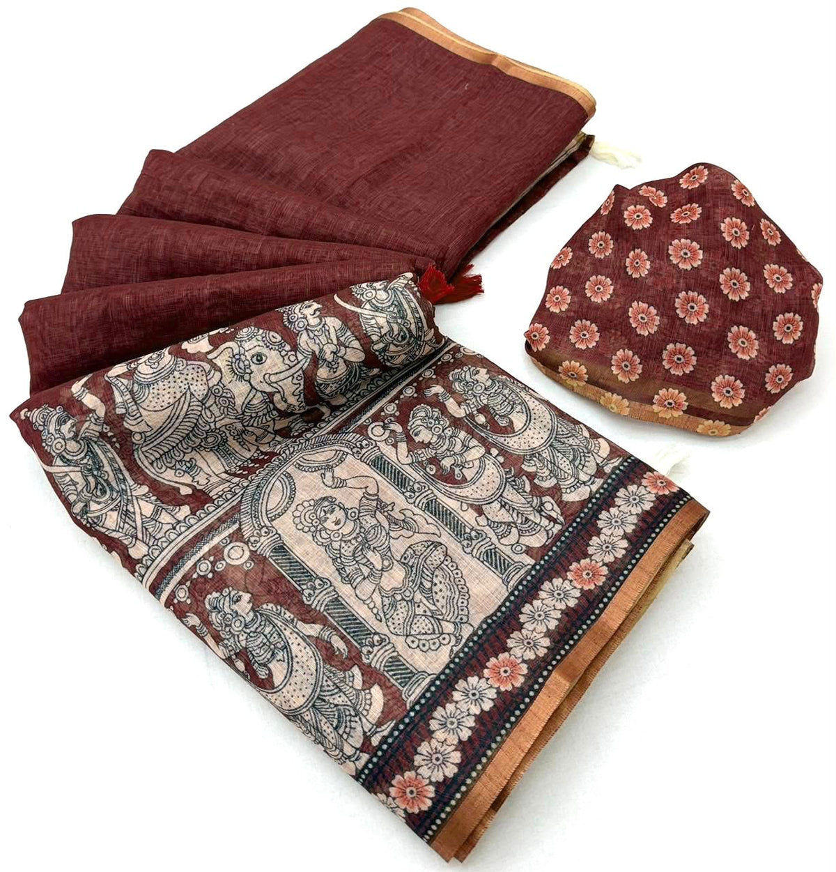 Dazzling Wedding Wear Soft Cotton Kalamkari Print n Zari Border Fancy Saree With Blouse Piece