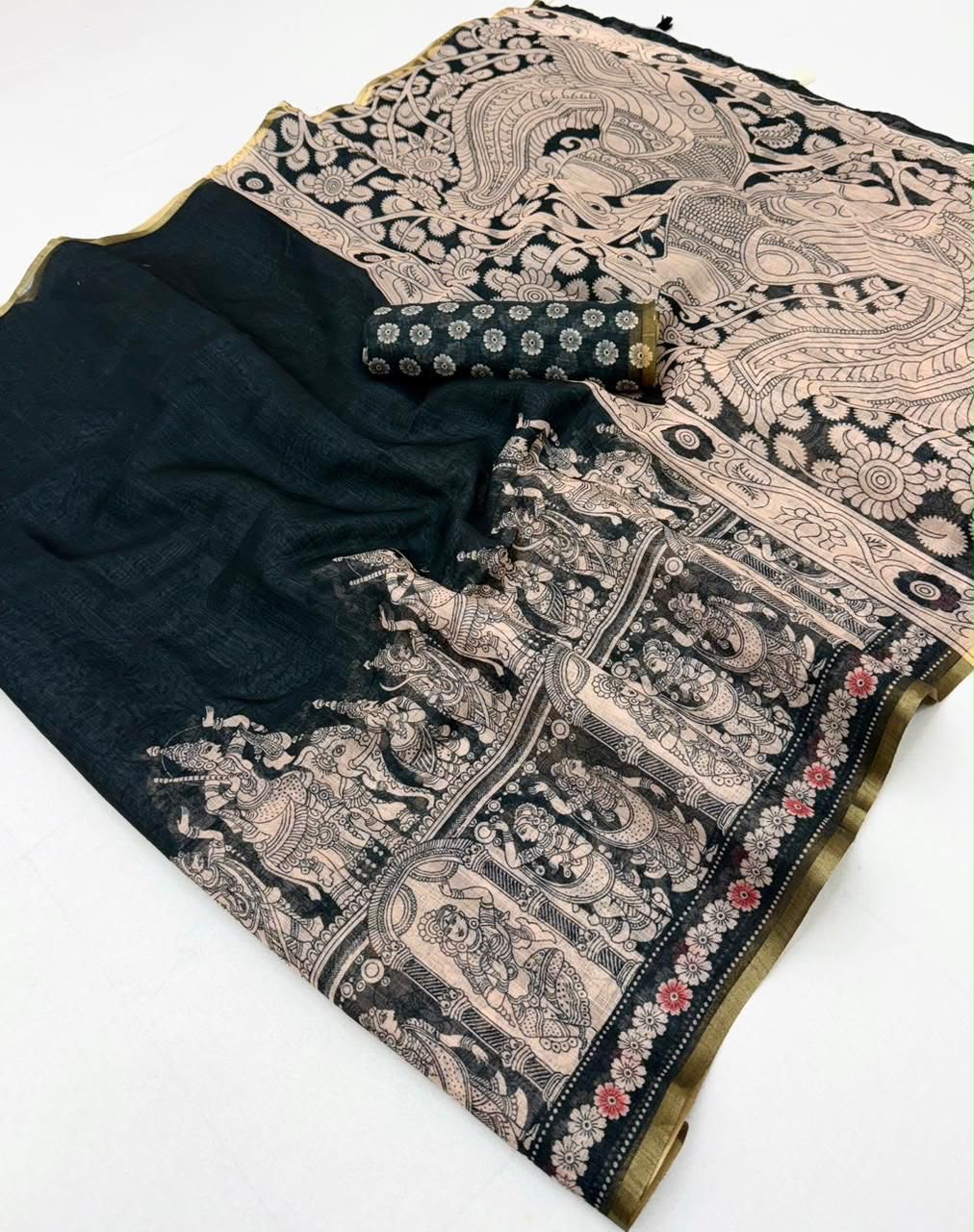 Dazzling Wedding Wear Soft Cotton Kalamkari Print n Zari Border Fancy Saree With Blouse Piece