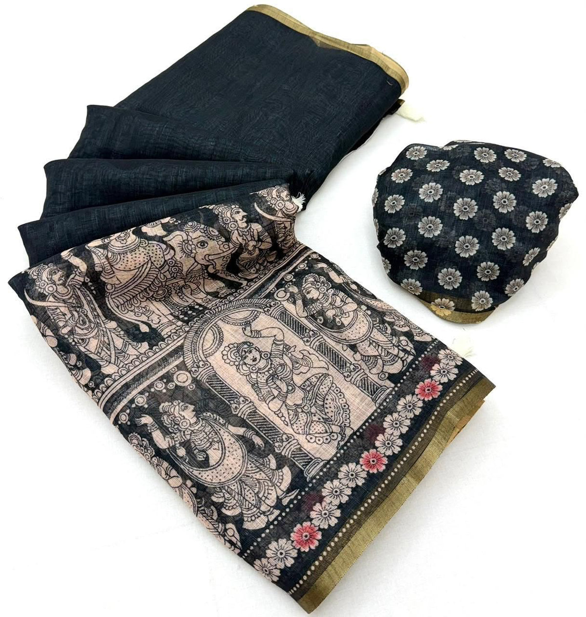 Dazzling Wedding Wear Soft Cotton Kalamkari Print n Zari Border Fancy Saree With Blouse Piece