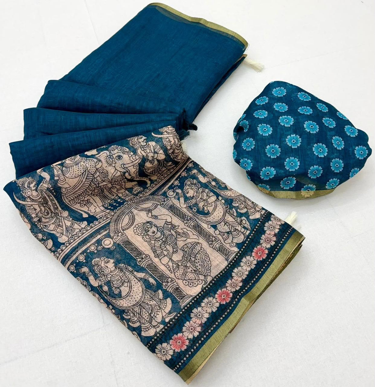 Dazzling Wedding Wear Soft Cotton Kalamkari Print n Zari Border Fancy Saree With Blouse Piece
