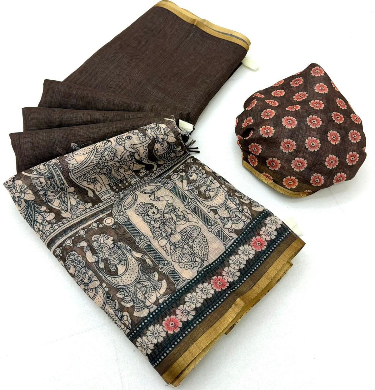 Dazzling Wedding Wear Soft Cotton Kalamkari Print n Zari Border Fancy Saree With Blouse Piece